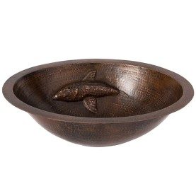 Custom 19" Oval Under Counter Hammered Copper Bathroom Sink with One Large Koi Fish Design