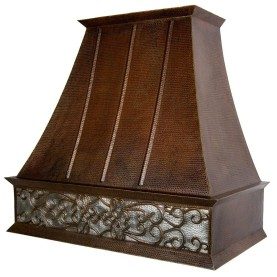 38 Inch 735 CFM Hammered Copper Wall Mounted Euro Range Hood with Nickel Background Scroll Design and Screen Filters