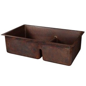 33" Hammered Copper 60/40 Double Basin Kitchen Sink with Short 5" Divider
