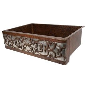 33&quot; Hammered Copper Apron Front Single Basin Kitchen Sink w/ Scroll Design and Nickel Background