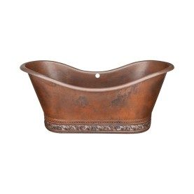 Custom 72" Hammered Copper Double Slipper Bathtub with Scroll Base and Nickel Inlay