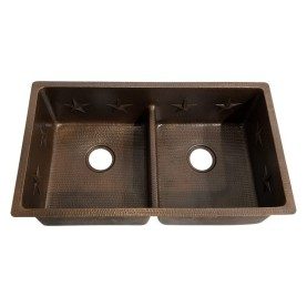 Custom 33&quot; Hammered Copper 50/50 Double Basin Kitchen Sink with Star Design and Short Divider