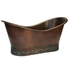 67" Hammered Copper Double Slipper Bathtub with Scroll Base and Nickel Inlay